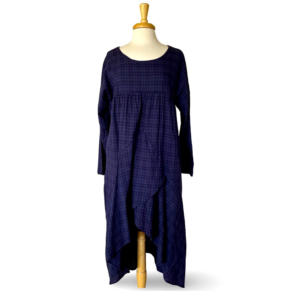 Navy w/ Black Plaid Cotton / Linen Blend Long Sleeve Hi - Low Dress Cool Comfy